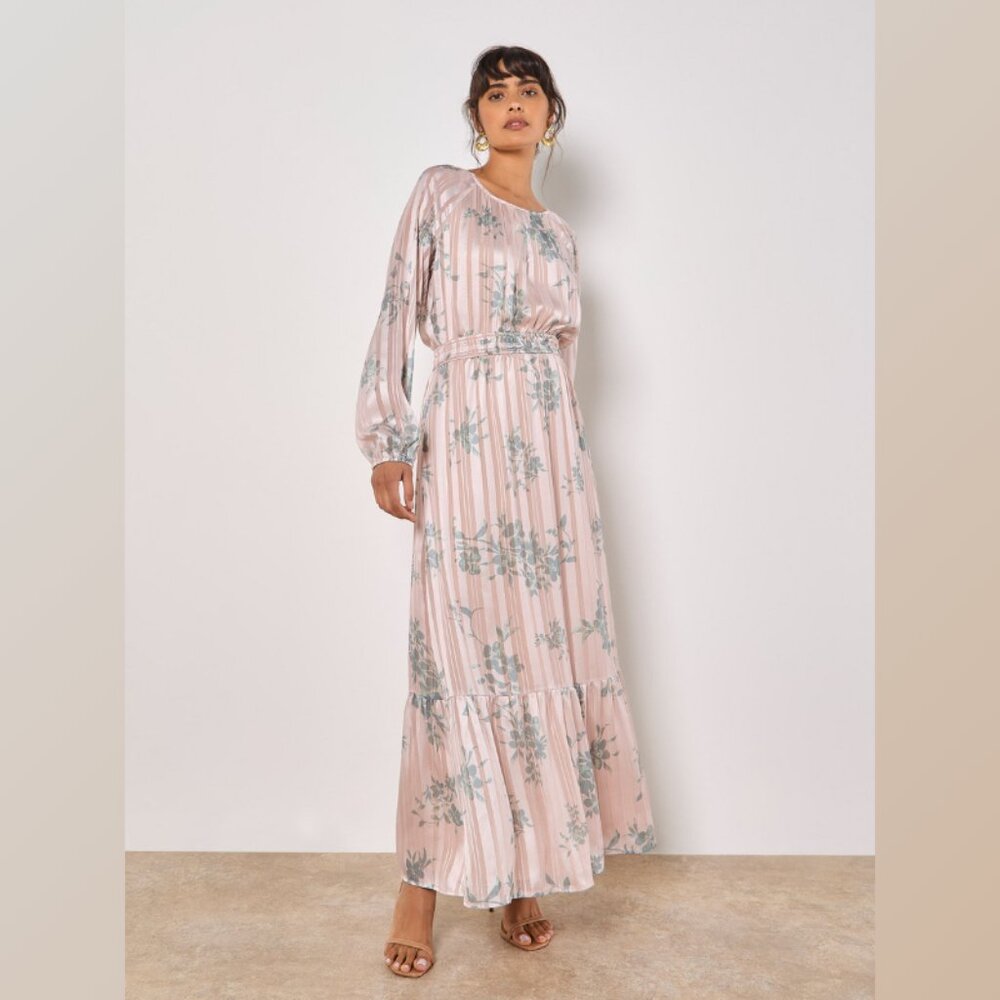 Floral satin dress with cinched waist